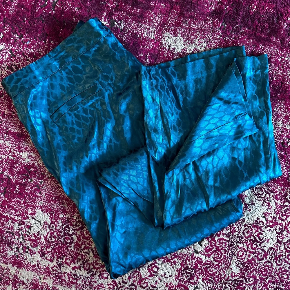 Alfani Snakeskin Teal Turquoise Jacquard Satin Trousers Size 10